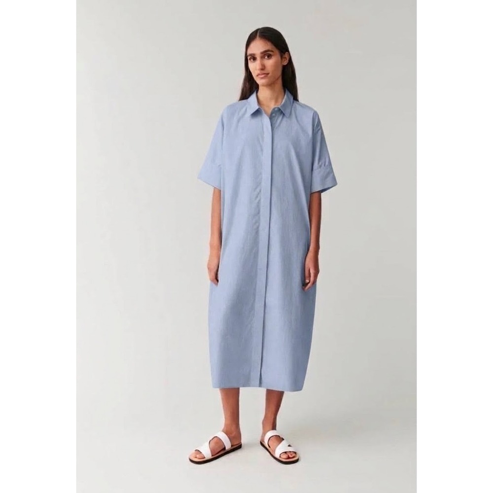 COS | Cotton Shirt Dress Women M Blue Short Sleeve Button Down Midi Pockets